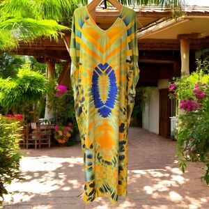 💖 Vibrant Yellow & Blue Resort Kaftan Dress 💖